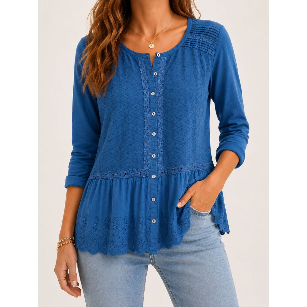 LOGO Lavish Blue Boho Embroidered Peplum Tunic Top Button Front XL
